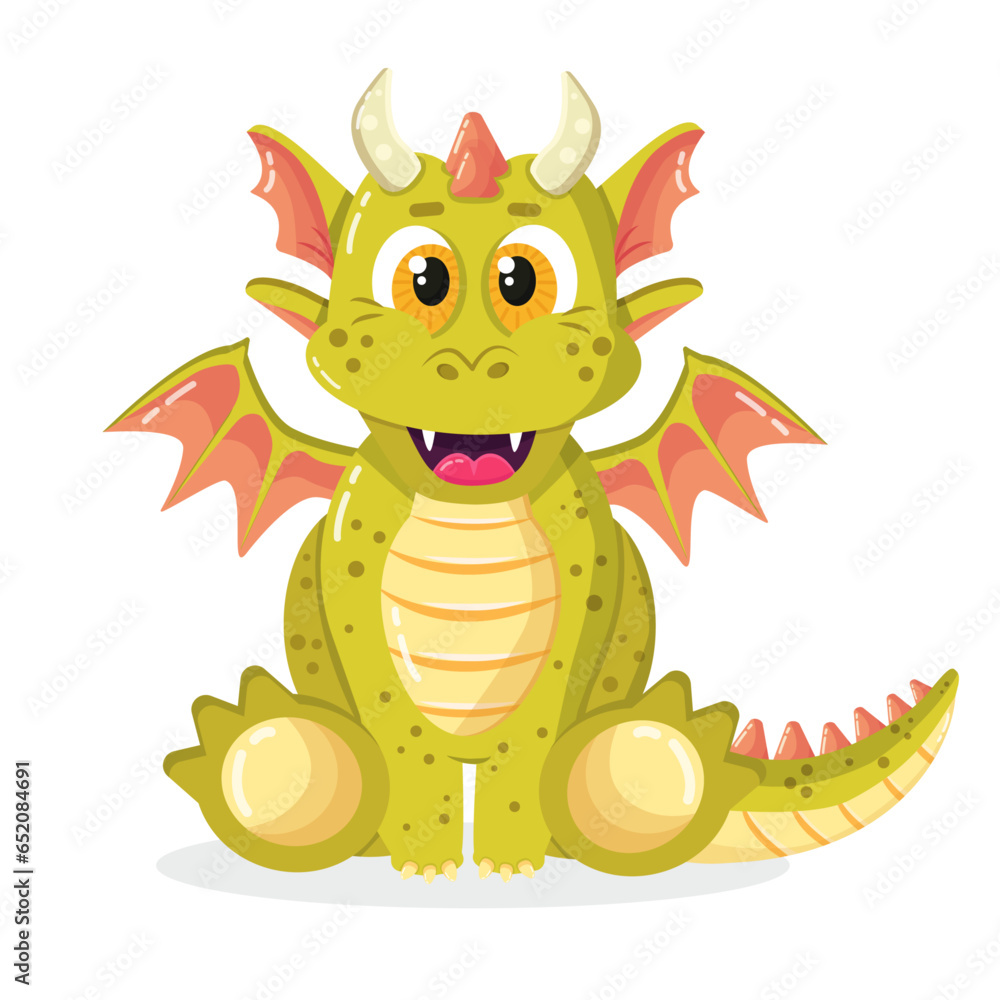 Kawaii cute little dragon light green monster in cartoon style isolated on white background. Symbol of the new 2024 year Kawaii cute little dragon light green monster in cartoon style isolated on white background. Symbol of the new 2024 year