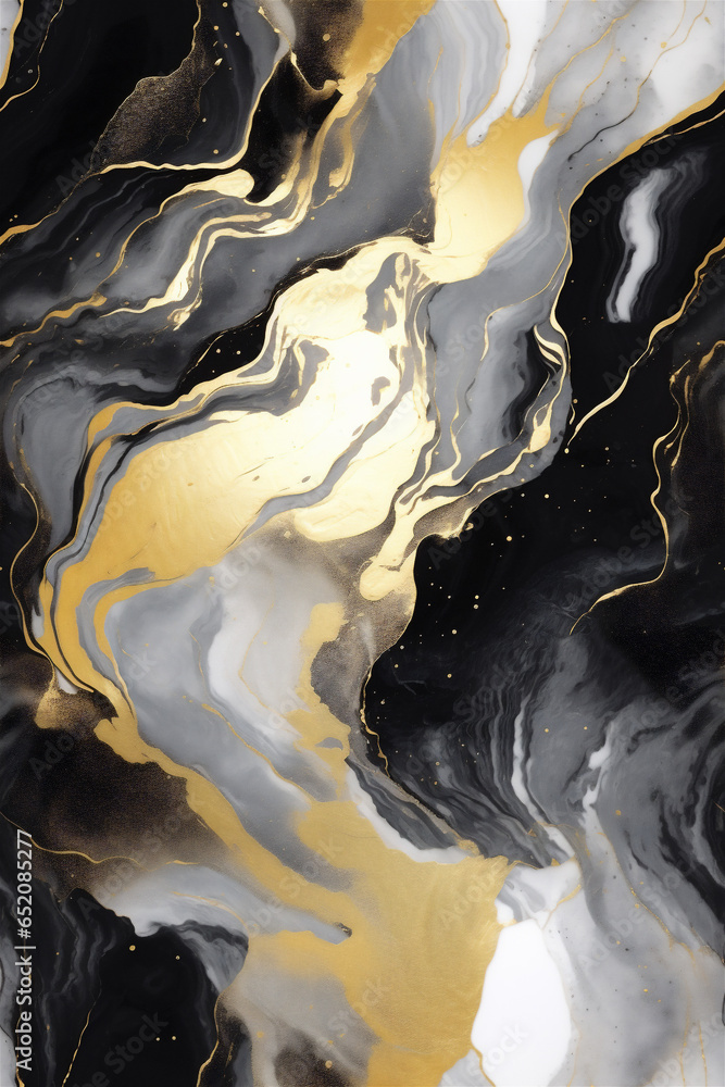 Abstract Painting Marbled Black and Gold Ink Seamless Tile Texture, Luxurious Black Grey and Gold Swirls, Seamless Pattern Background, Generative AI