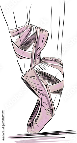 Hand drawn sketch of Ballerina pointe shoes, Feet in shoes of ballet class. Ballerina in pointe in a pose on one leg