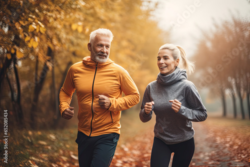 Portrait of contented senior couple wearing athletic attire running at autumn park enjoying themselves outside