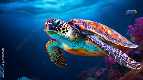 Underwater Harmony: Ocean Turtle Among Colorful Marine Life and Coral in Vivid Realism