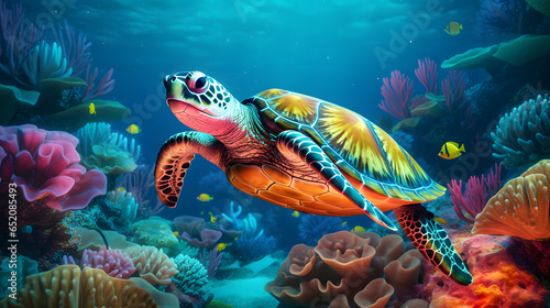 Underwater Harmony  Ocean Turtle Among Colorful Marine Life and Coral in Vivid Realism