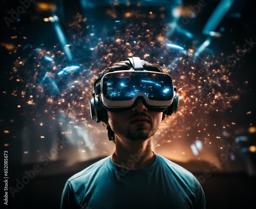 A young man iis wearing VR Headset. Futuristic background. Generative AI. photo