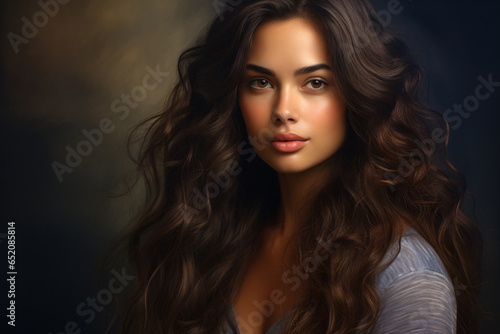 Portrait of a brunette woman with long flowing wavy hair and space for text