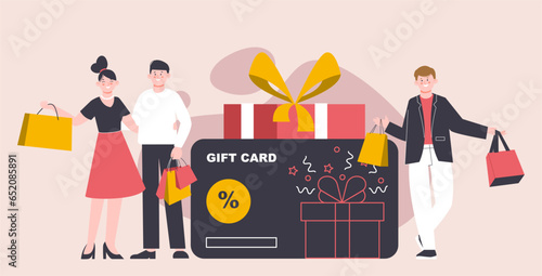 Gift and bonus card. Voucher benefits service, incentive customers. Sale cards and shopping boxes, presents for shoppers, splendid vector concept
