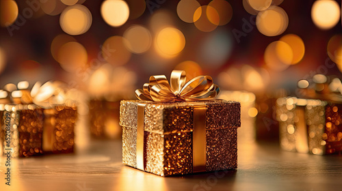 Golden shiny gift boxes tied with ribbons on sparkling glitter blurry bokeh background
