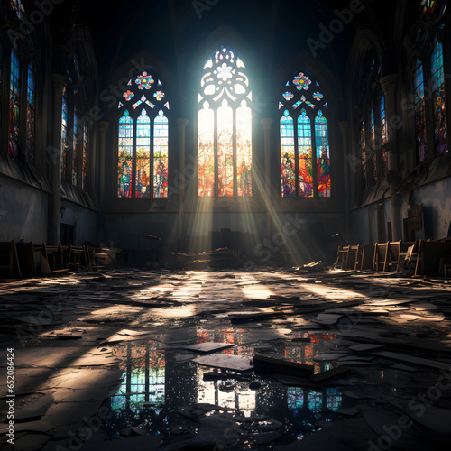a church with stained glass windows and a light shining through the window panes on the floor and the walls and ceiling is dark and the light is shining