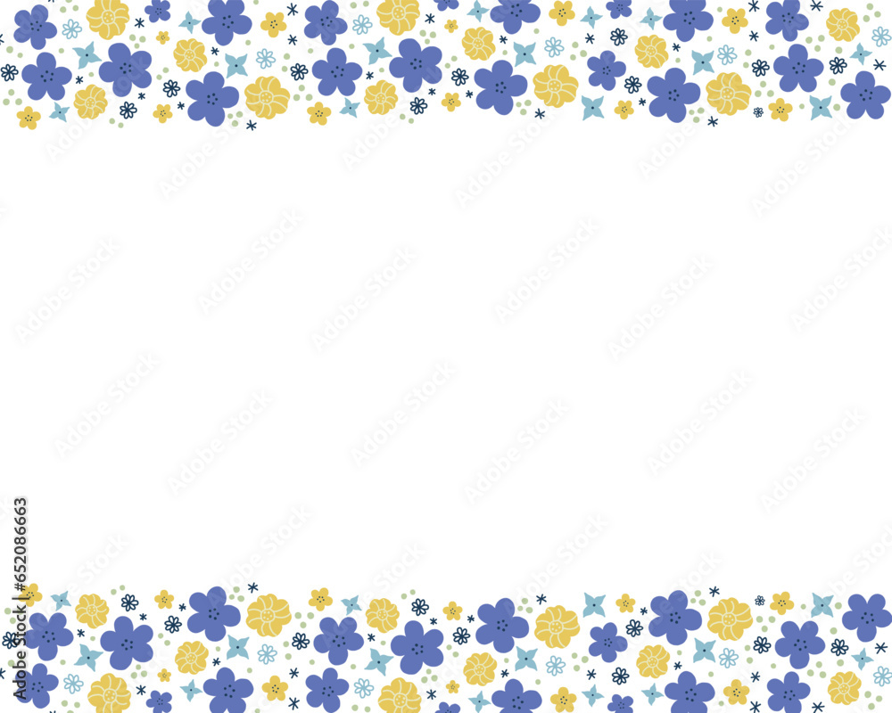 Obraz premium 北欧風の小花柄の帯フレームイラストデザイン（青）