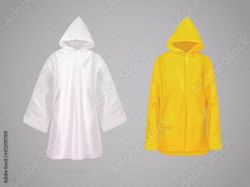 Realistic raincoat. Yellow and transparent plastic rain coat, fashion poncho cloak with hood for wet protection in travel activity, autumn clothing wear, exact vector illustration