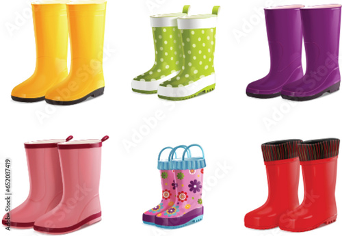 Realistic wellies. 3d gumboots, funny isolated wellington boots yellow rubber shoes for rain water safety in garden mud puddle of autumn weather, creative exact vector illustration