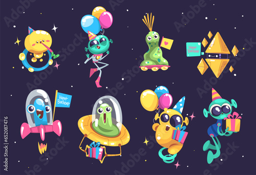 Aliens space party. Alien monster kid characters in extraterrestrial spaceship, cute ufo cool little silly crazy creatures child birthday on outer spaces classy vector illustration