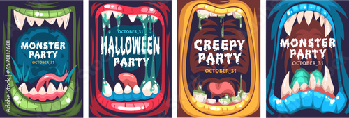 Monster mouths posters. Crazy monsters open mouth typography flyer frame for halloween night party banner, scary creature animal teeth and tongue, horror classy vector illustration