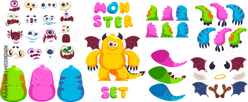 Monster creation. Monsters constructor for create animation of cute creature characters construction, funny mascot body parts arm combination, avatar kit classy vector illustration