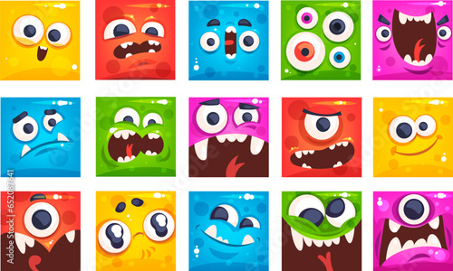 Monsters square avatars. Monsters kids portraits, comic strange mascot funny troll face geometric emoticon smile halloween crazy character, cartoon alien classy vector illustration