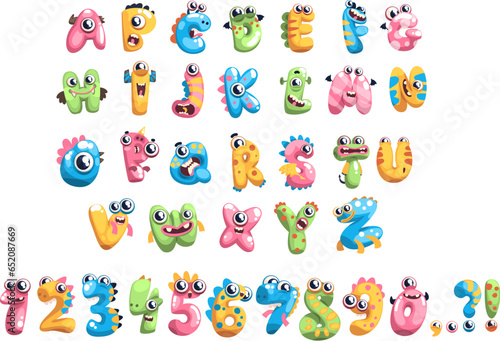 Monsters alphabet. Monster font type crazy fantastic creatures lettering cheerful letter with screaming eyes funny children handlettering english letters classy vector illustration