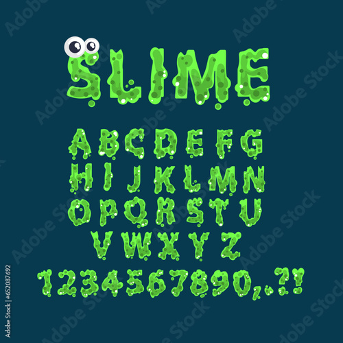 Slime alphabet. Green radioactive sliming text, sticky drip goo flow font, halloween spooky monster alien typeface, glow gooey letters and toxic numbers, classy vector illustration