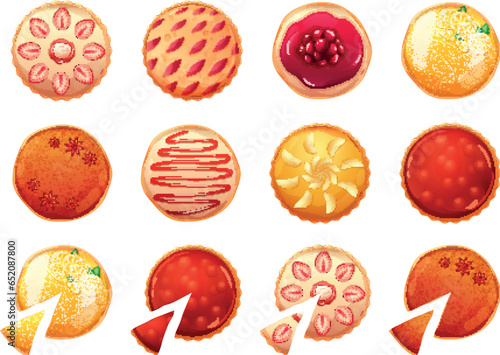 Pies top view. Circle whole pie and cake slices with cranberry strawberry lemon, tart above plate fruit berry toppings, holiday thanksgiving cheesecake garish vector illustration