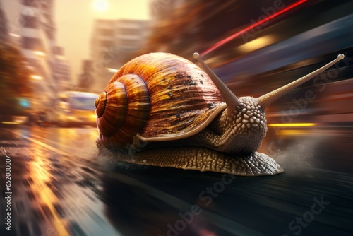 A snail running at high speed with motion blur. Background with selective focus and copy space
