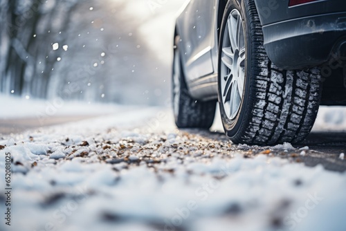 Car wheel in winter on a snowy road. Background with selective focus and copy space