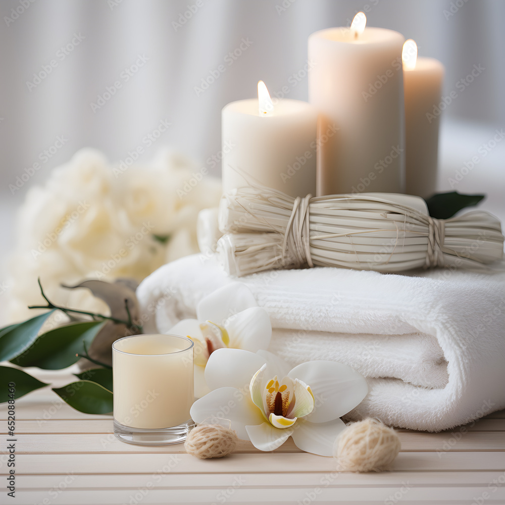 spa still life composition of spa candles and towels on white table