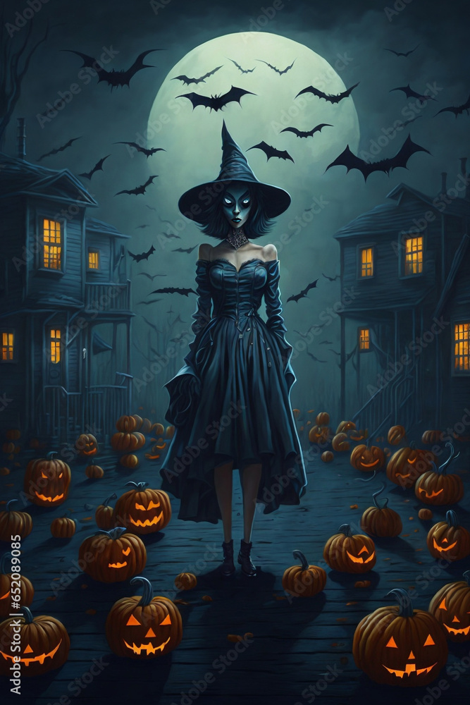 Woman in witches hat and costume holding pumpkin Woman in witches hat and costume holding pumpkin