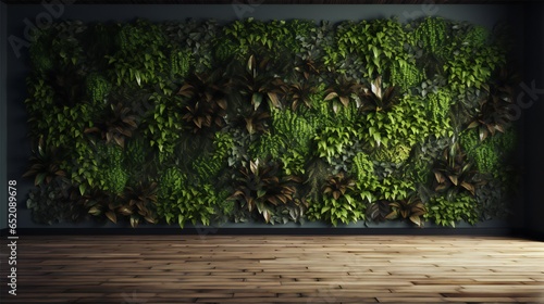 a wall with a green plant and wooden floor generated by Ai