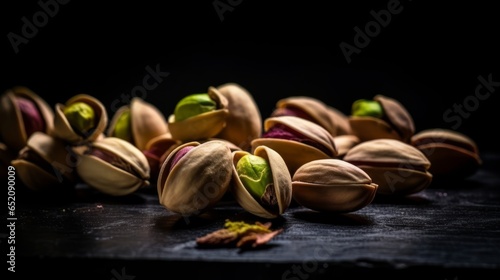 Pistachios on the black background. Pile of pistachio nuts, closeup. photo