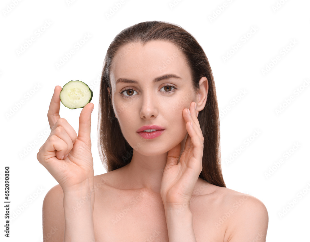 Beautiful woman with piece of cucumber on white background Beautiful woman with piece of cucumber on white background
