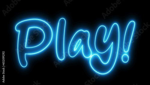 PLAY text font with neon light. Luminous and shimmering haze inside the letters of the text Play. Play neon sign. 