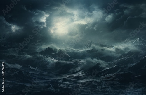 Stormy roiling sea under a dark sky.  Waves in the ocean  large with ominous cloudy sky. Generative AI.  