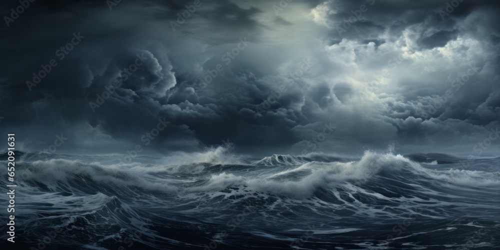 Stormy roiling sea under a dark sky. Waves in the ocean, large with ominous cloudy sky. Generative AI.
Stormy roiling sea under a dark sky. Waves in the ocean, large with ominous cloudy sky. Generative AI.