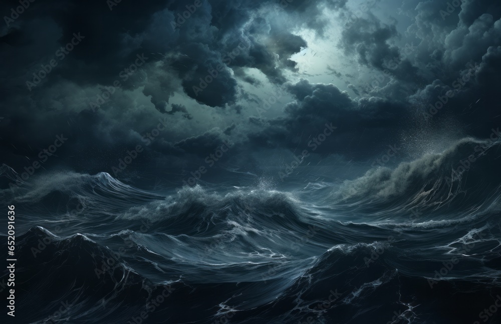 Stormy roiling sea under a dark sky.  Waves in the ocean, large with ominous cloudy sky. Generative AI. 
