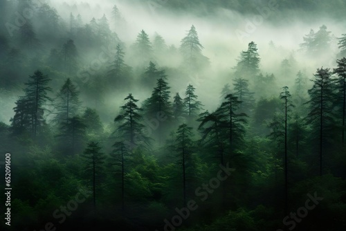 Misty landscape with fir forest in hipster vintage retro style © amin