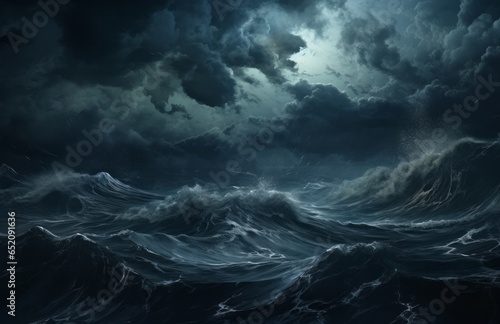 Stormy roiling sea under a dark sky.  Waves in the ocean  large with ominous cloudy sky. Generative AI.  