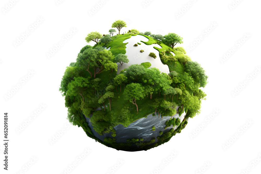 Ecology concept Green planet earth with tress world environment and earth day, Sustainable green Eco-friendly creative idea concept design, isolated on white and transparent background, ai generate - obrazy, fototapety, plakaty 