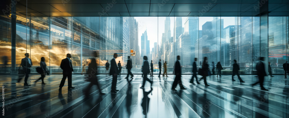 Business people walking in a large office lobby on cityscape background. Motion blur effect