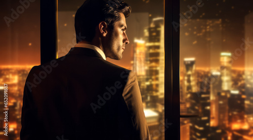 Side view of young businessman looking at night cityscape. Mixed