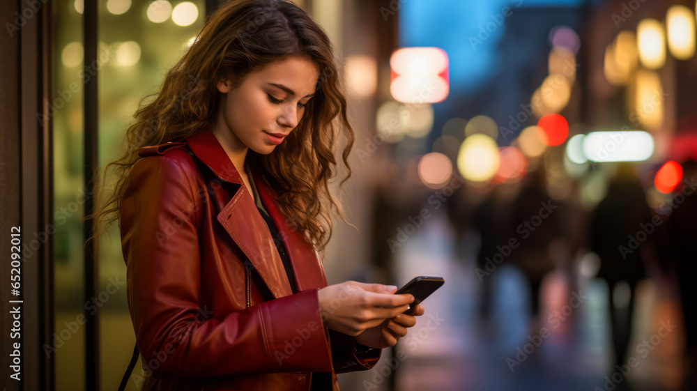 Young beautiful woman using mobile phone in the city at night