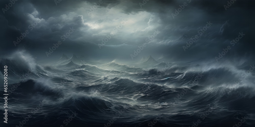 Stormy roiling sea under a dark sky.  Waves in the ocean, large with ominous cloudy sky. Generative AI. 
 - obrazy, fototapety, plakaty 