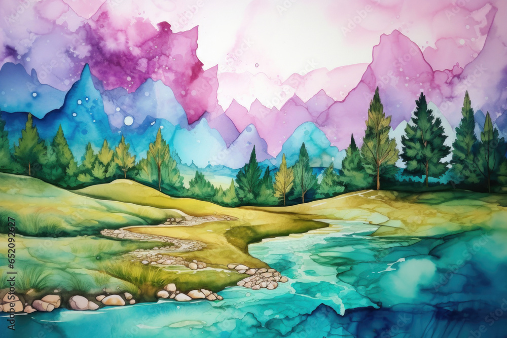 Aesthetic Watercolor Landscape Texture. Tranquil Scenic Views, Natural Pastel Hues, Mountains to Meadows, Fluid Sky with Clouds, Horizon Trees, River Valley, Splash Textures. Generative AI.