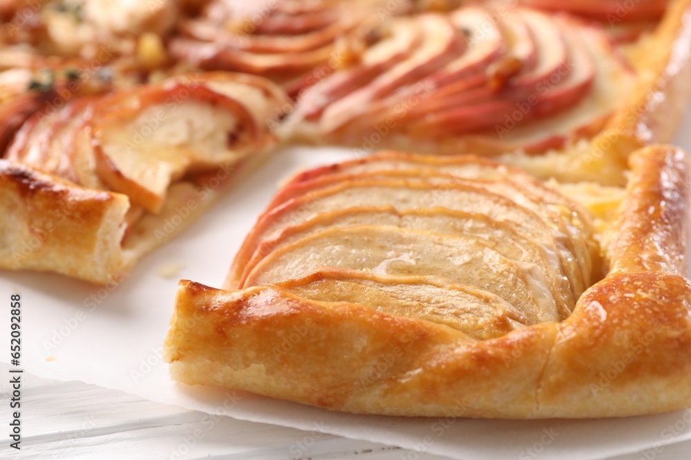 Freshly baked apple pie on white table, closeup Freshly baked apple pie on white table, closeup