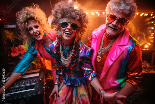 Vibrant Nostalgia with Flashback Fiesta: a Portrait of People in Costumes on a 80's Themed Party at New Year's Celebration