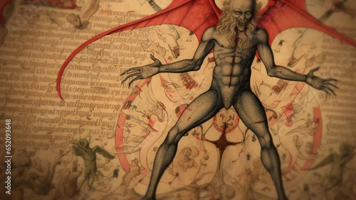 An old drawing of the devil with horns and red wings in a medieval book, depicting Satan or Lucifer in a codex on demonology. Text, symbols of hell to represent dark cults for a satanic sect  photo