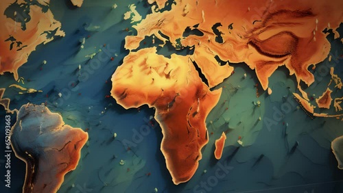 Animation of a colorful world map in motion with different layers by colors. Atlas with relief of all continents and countries, seas and oceans.