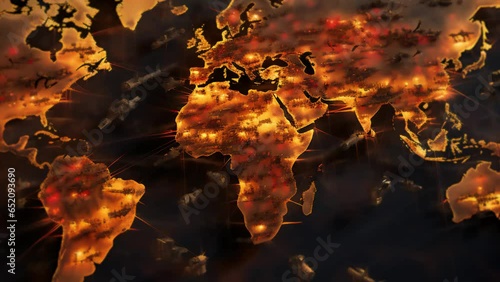 Animation of a world map in motion in war with military targets where explosions, fire and bombings occur. Hot atlas for climate change and danger of conflict between countries continents.