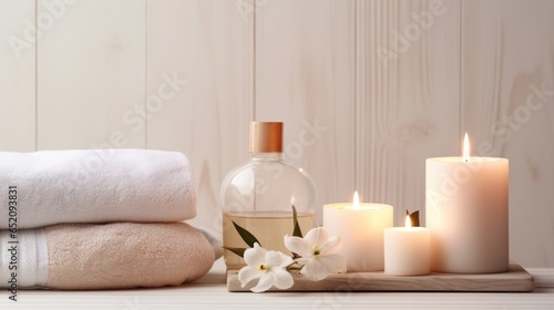 Beautiful spa treatment composition such as Towels, candles, essential oils, Massage Stones on light wooden background. blur living room, natural creams and moisturizing Healthy lifestyle, body care