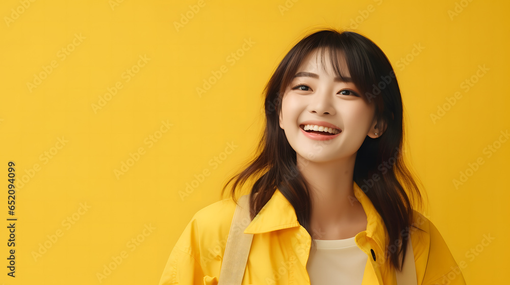 Elegant T-Shirt Mockup: Asian Woman in Bella Canvas White Shirt, Smiling Against a Yellow Background Elegant T-Shirt Mockup: Asian Woman in Bella Canvas White Shirt, Smiling Against a Yellow Background