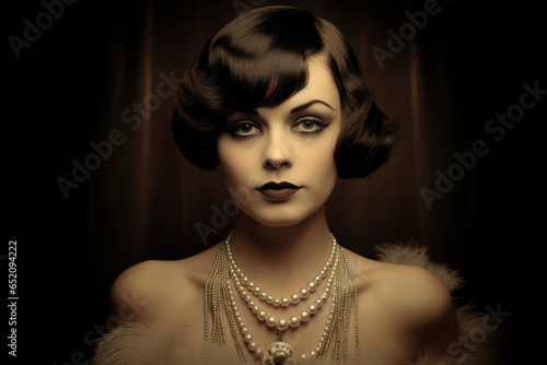Elegance of the Roaring Twenties. Sepia-Toned Close-Up Portrait of a Stylish Flapper Woman Captures the Charm and Beauty of the 20s