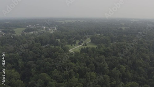 Aerial footage of a jungle, forest in the United States with green trees and blue skies