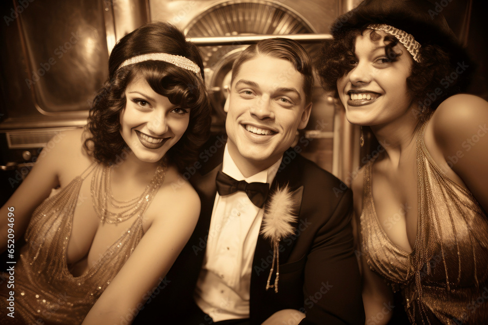1920s Happy Group Portrait. A joyful group of flapper girls and dapper gentlemen posing at a jazz age speakeasy, exuding the carefree spirit of the Roaring Twenties. Vintage camera, sepia Tone. 1920s Happy Group Portrait. A joyful group of flapper girls and dapper gentlemen posing at a jazz age speakeasy, exuding the carefree spirit of the Roaring Twenties. Vintage camera, sepia Tone.